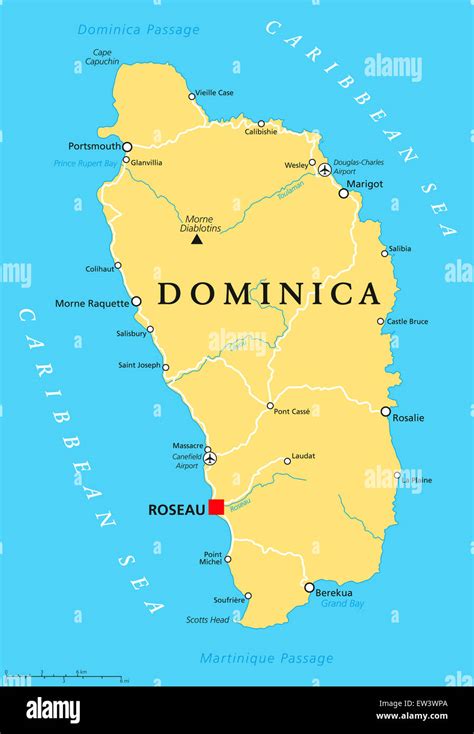 Dominica political map with capital Roseau and important places Stock ...