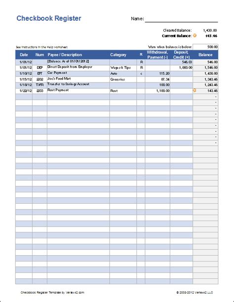 Free Excel Checkbook Register - Printable