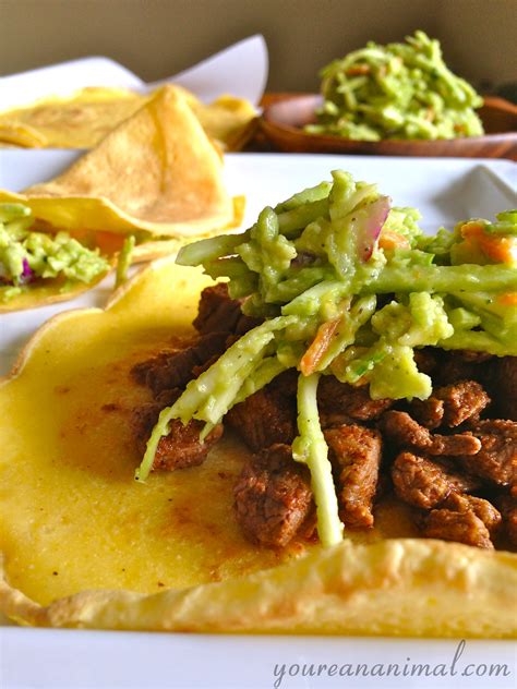 Steak Tacos with Grain-Free Tortillas & Guacamole Broccoli Slaw - You're An Animal.