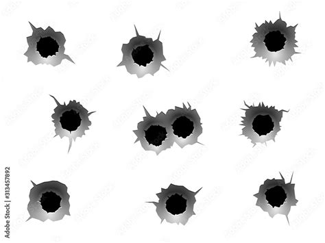 Bullet holes. Realistic bullet traces, circle holes in metal wall ...