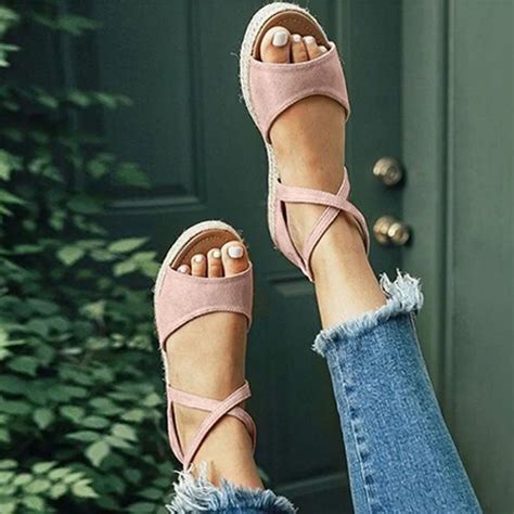 Summer Wedge Sandals Platform Espadrilles Rome Buckle Strap Flock Cover ...