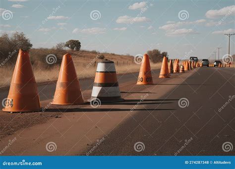 Traffic Cones and Warning Signs on the Side of the Road Stock Illustration - Illustration of ...