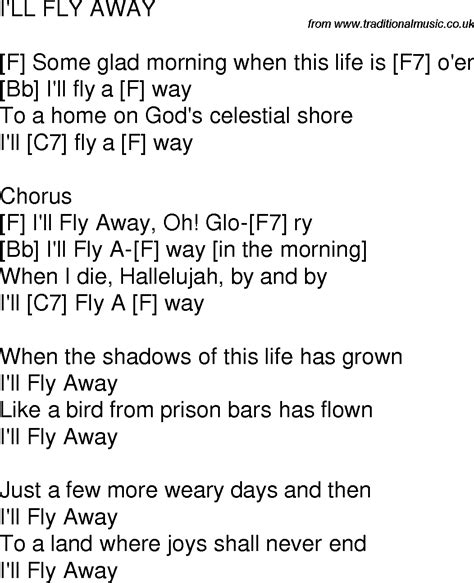 Old time song lyrics with guitar chords for I'll Fly Away C