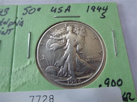 2 WALKING LIBERTY SILVER 50 CENT COINS 1943 PHILADELPHIA MINT 1944S SAN ...