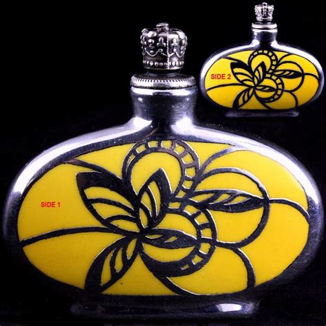 Small German-Made Gorgeous Lemon Yellow Porcelain Silver Overlay Crown Top Perfume Bottle Abst ...