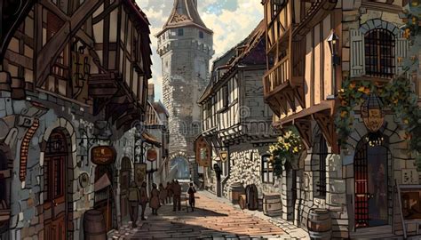 A medieval street scene stock illustration. Illustration of city ...