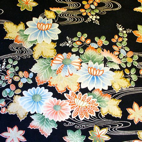 Oriental Floral Print Quilting Fabric Black Pastel Water Lily