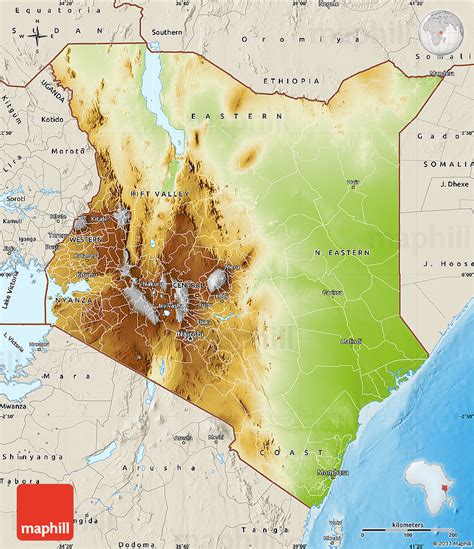 Physical Map of Kenya, shaded relief outside