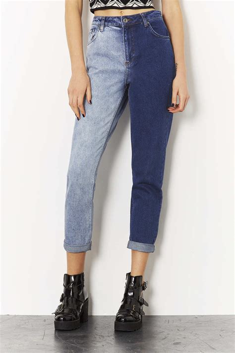 Topshop Moto Two Tone Mom Jeans in Blue | Lyst