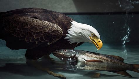 Premium AI Image | A bald eagle holds a fish in a pool.