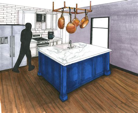 Cottage Kitchen Hand Rendering | Freshman Interior Design Student | 2 point perspective drawin ...