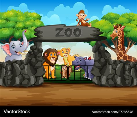 Zoo entrance outdoor view with different cartoon a