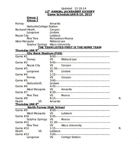 Game Schedule Template - Printable Word Searches