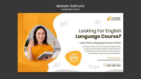 Free PSD | English language classes horizontal banner template with liquid effect