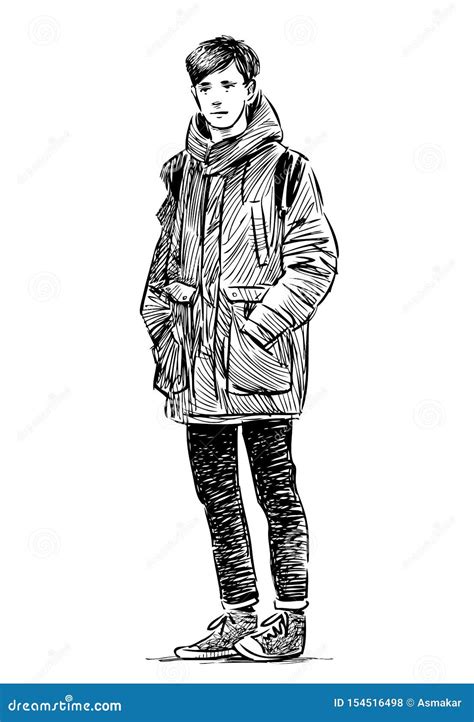 Sketch of a Casual Student Boy Standing in a Waiting Stock Vector - Illustration of lifestyle ...