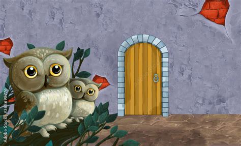 cartoon scene with family of owls in farm house - illustration Stock ...