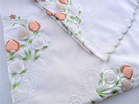 Vintage Floral Embroidered Linen Tablecloth Vintage Beige Tablecloth Peach Embroidered ...