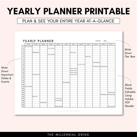 Yearly Planner Printable Yearly Planner PDF Template Yearly Planner Editable Year at A Glance ...