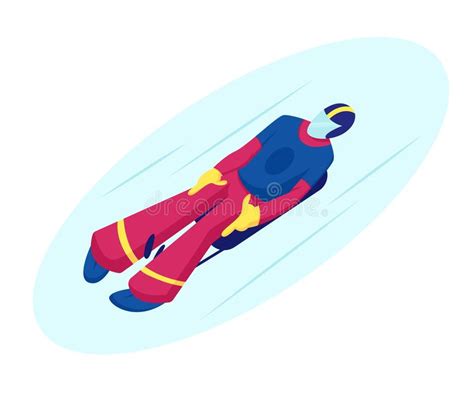 Skeleton Sport. Athlete in Sportswear and Helmet Lying on Sleigh Face Up Descend on Ice Track ...