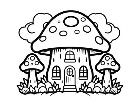 Mushroom House Drawing For Kids - Coloring Page