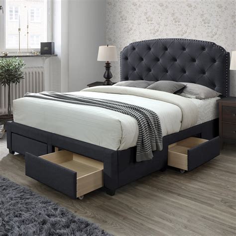 DG Casa Argo Tufted Upholstered Panel Bed Frame with Storage Drawers and Nailhead Trim Headboard ...