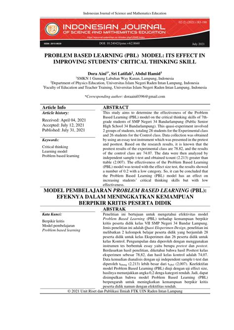 (PDF) Problem Based Learning (PBL) Model: Its Effect in Improving ...