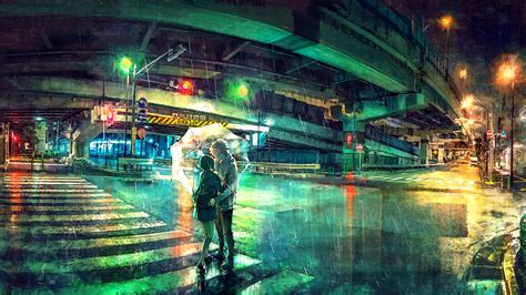 3840x2160 resolution | couple under umbrella on road painting, colorful, overpass, umbrella ...