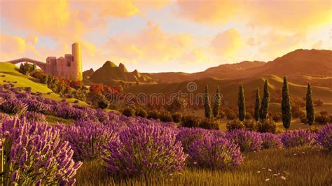 Lavender Fields Landscape 3d Rendering Stock Illustration - Illustration of golden, natural ...