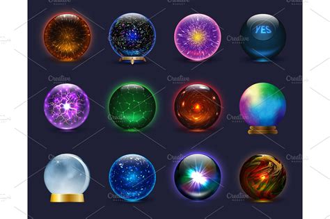 Magic ball vector magical crystal glass sphere and shiny lightning transparent orb as prediction ...