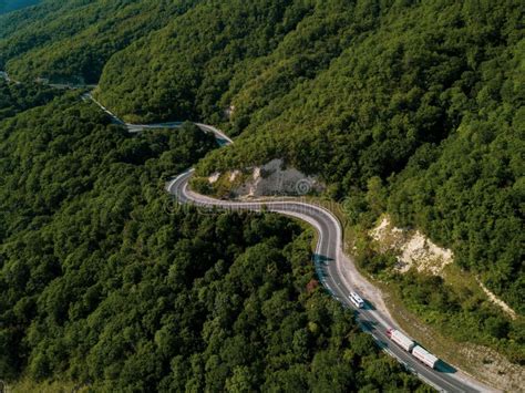 Mountain Winding Zig Zag Road. Top Aerial View: Cars Driving on Road from Above. Stock Photo ...