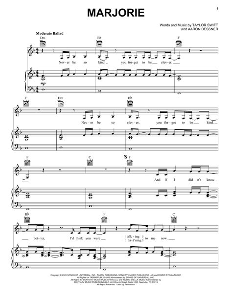 marjorie by Taylor Swift Sheet Music for Piano, Vocal & Guitar Chords ...