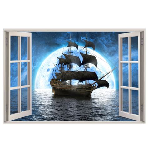 3D Pirate Ship Fake Windows Wall Sticker,Removable Ocean Sea Window View Ship in Moonlight Faux ...