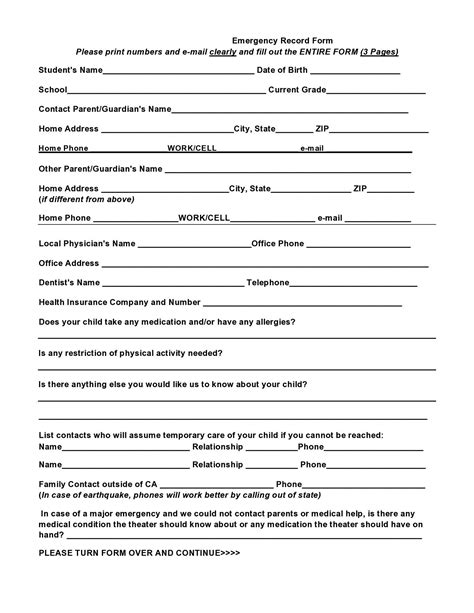 Simple Emergency Contact Printable Form