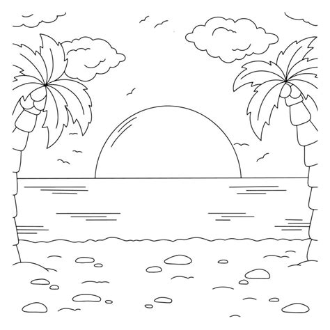 maravilloso paisaje natural con playa. página de libro para colorear para niños. estilo de ...