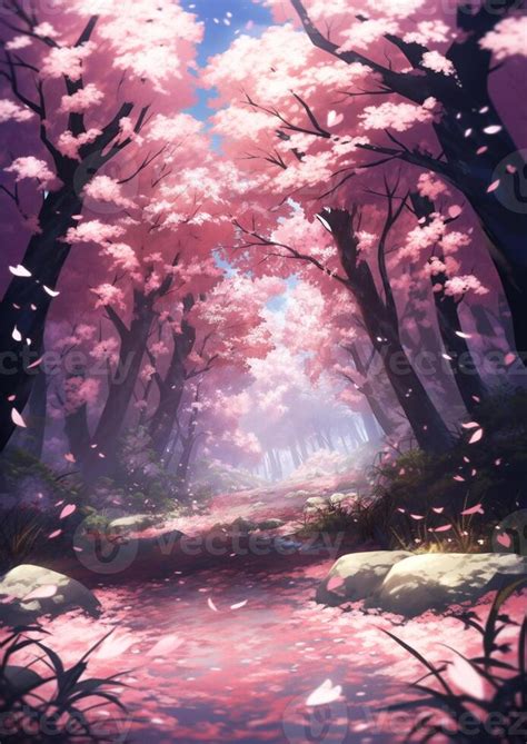 anime scenery of a path in a forest with pink flowers. generative ai. 28458216 Stock Photo at ...