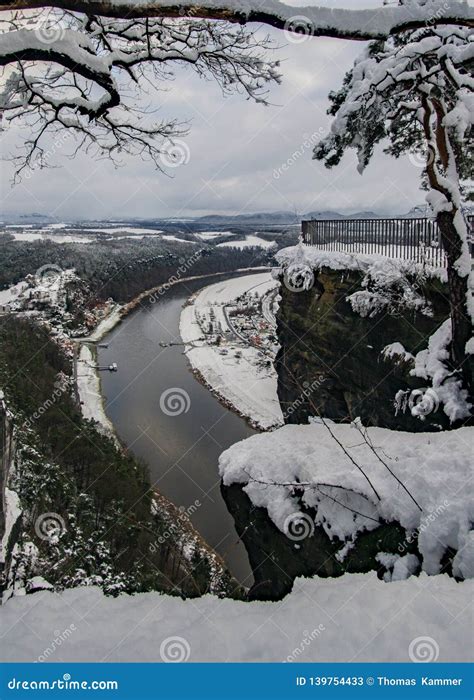 River in Winter at the Bastei Bridge in Saxon Switzerland National Park ...