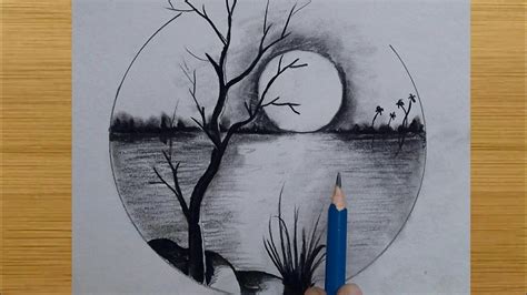 How to draw Moonlight night scenery drawing with pencil / Drawing for ...