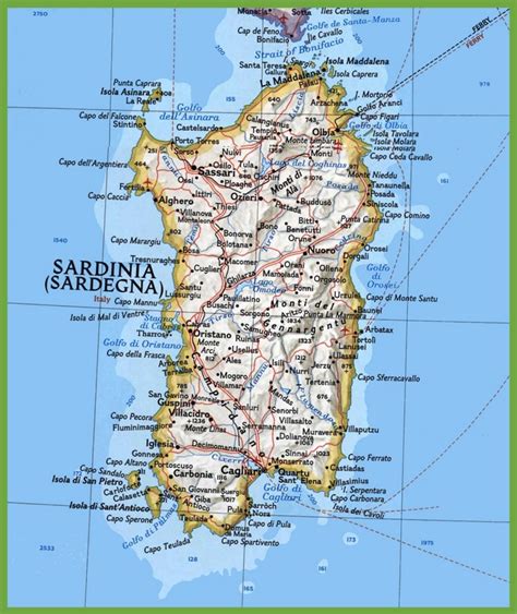 Map of Sardinia with cities and towns