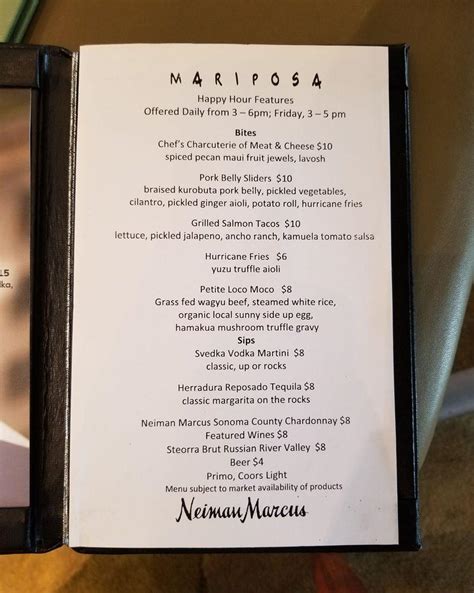 Menu at Mariposa desserts, Honolulu