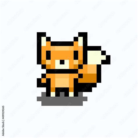 Pixel art fox cartoon. Cute fox with tail. Animal pixel art game character isolated on white ...