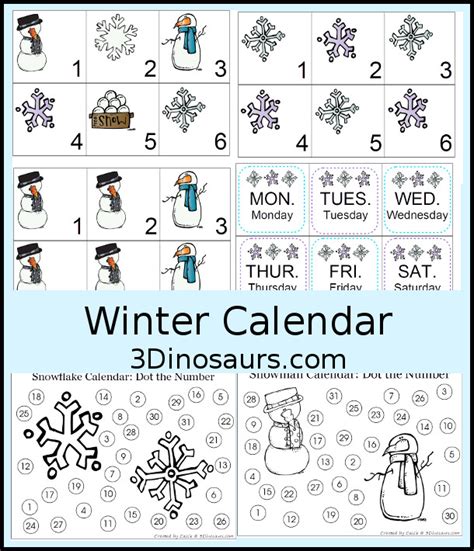 Free Winter Calendar Printable | 3 Dinosaurs