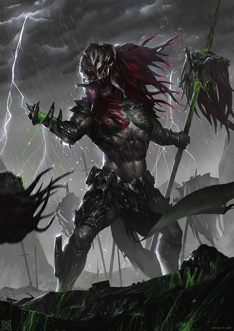 a demonic creature with red hair and horns holding a spear in his hand while standing on top of ...