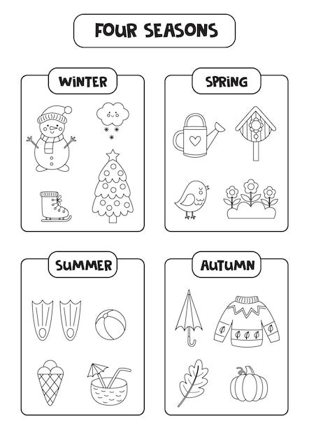 Premium Vector | Learning four seasons for kids Black and white educational worksheet