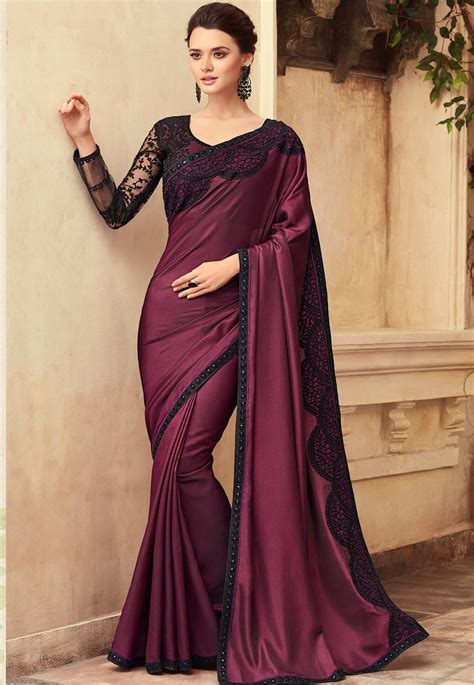 Purple Satin Georgette Party Wear Saree With Border 22011