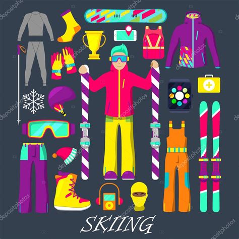 Winter Equipment for Skiing Icons Set with Man, Skiing, Clothes and Goggles. Vector illustration ...