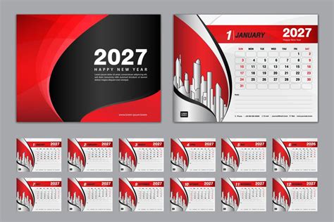 Calendar 2027 template set vector, Week starts Sunday, set of 12 month, Desk calendar 2027 year ...