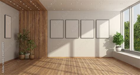 Empty minimalist living room with large window Stock Illustration ...