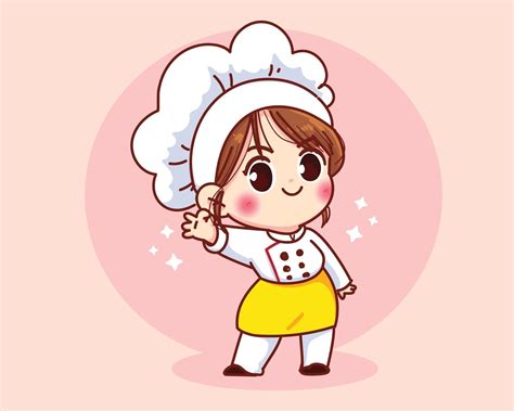 Cute chef girl smiling in uniform mascot gesturing ok sign cartoon art ...