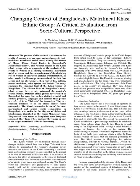 Changing Context of Bangladesh's Matrilineal Khasi Ethnic Group: A ...