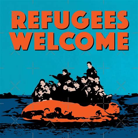 "REFUGEES WELCOME - COLOURFUL ILLUSTRATION SHOWING REFUGEES ON A SMALL ...